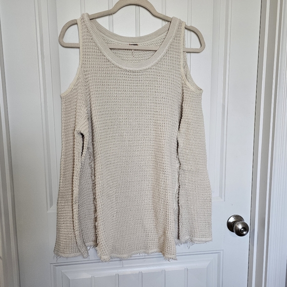 Free People Open Shoulder Waffle Knit Cream Sweater Size Large - Picture 5 of 13